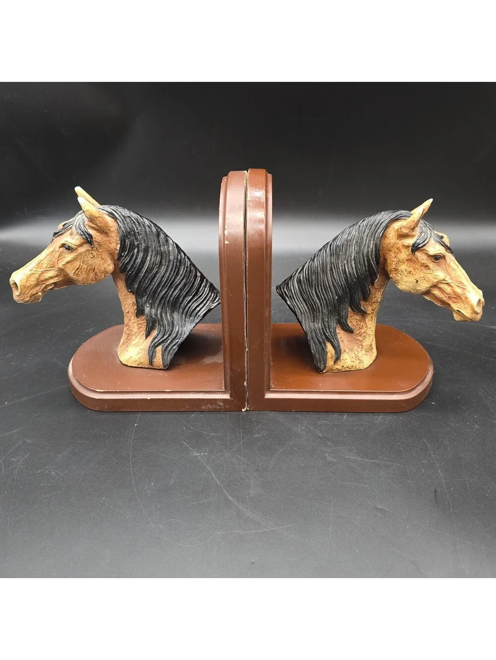 Vintage Resin Horse Head Bookends Pair Brown Western Ranch Library Book Ends